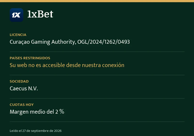 Ficha de 1xBet: licencia, países restringidos y margen