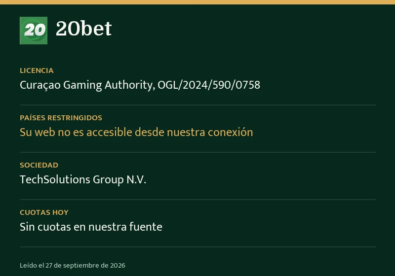 Ficha de 20bet: licencia, países restringidos y margen