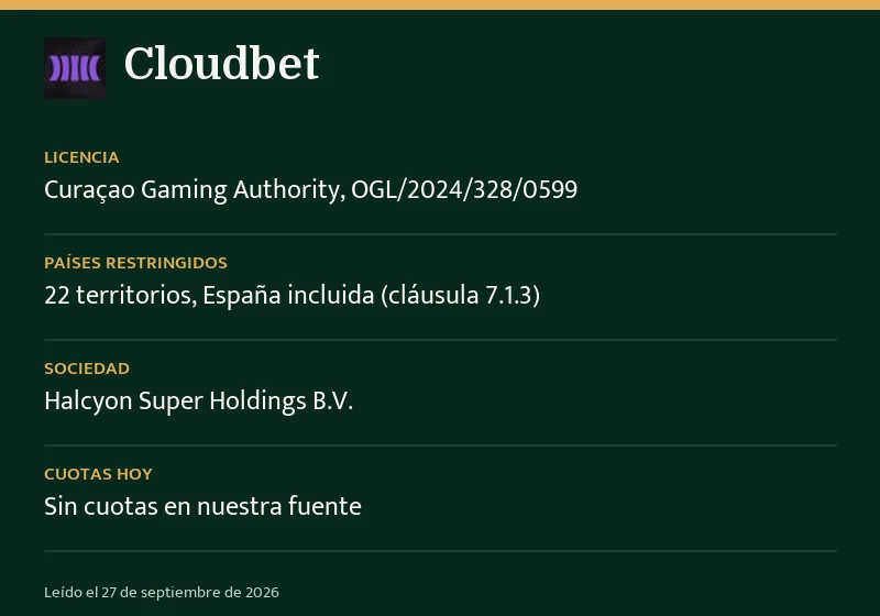 Ficha de Cloudbet: licencia, países restringidos y margen