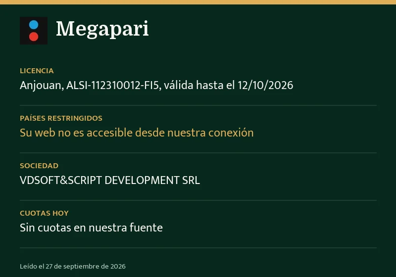 Ficha de Megapari: licencia, países restringidos y margen